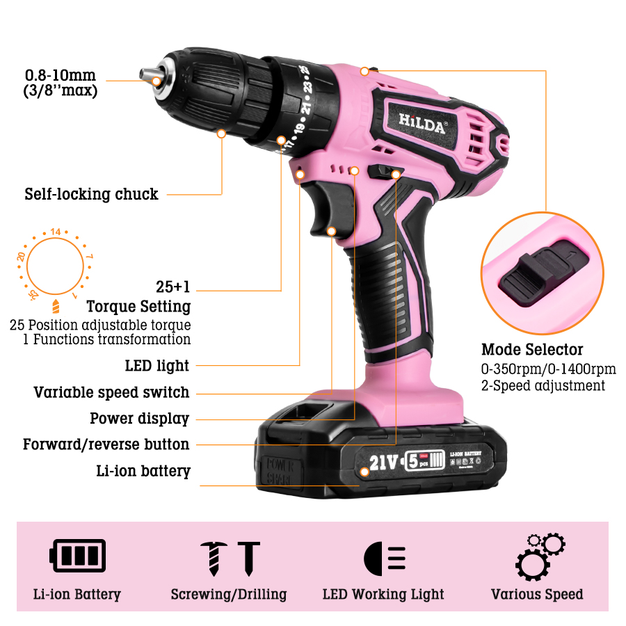 HILDA 21V Pink Drill Electric  - огляд і ціна Power Tools Pink